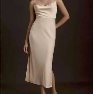 BHLDN Anthropologie Cali Satin Cowl Neck Midi Slip Dress Oyster Beige Size 2